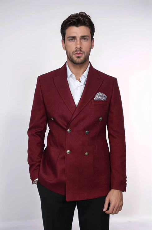 Mens Burgundy Slim Fit Blazer – Sharp Double Breasted Design