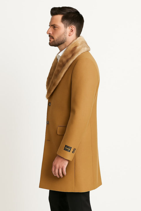 Mens Camel Overcoat with Light Faux Fur Collar – Single-Breasted Wool Dress Coat