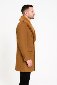 Mens Camel Wool Overcoat with Faux Fur Shawl Collar – Double-Breasted Winter Dress Coat