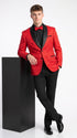 Men’s Red Paisley Jacquard Tuxedo Suit, Modern Fit Black Satin Shawl Lapel Prom Wedding Formal Suit
