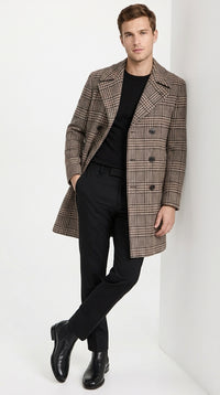 Men’s Black and White Plaid Wool Peacoat, Formal Winter Dress Coat for Business and Casual Wear
