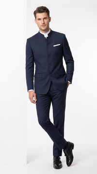 Men’s Navy Blue Mandarin Collar Suit, Dark Blue Banded Collar Formal Wedding Dress Suit