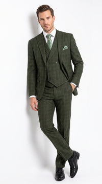 Men’s Olive Windowpane Plaid Suit, 2 Button Formal Suit with Double Breasted Vest