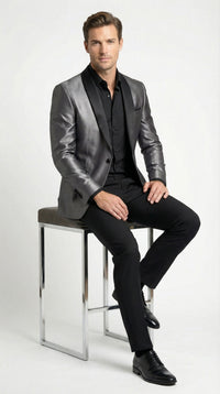 Men’s Shiny Charcoal Grey Blazer – Sharkskin Dinner Jacket Shawl Collar
