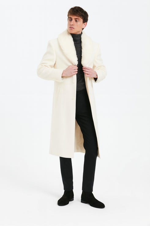Men’s Ivory - Cream - Off White Full-Length Overcoat with Luxurious Faux Fur Shawl Collar – Winter Dress Coat