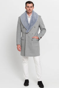 Men’s Light Grey Double Breasted Overcoat with Faux Fur Shawl Collar – Winter Luxury Coat Wool Fabric
