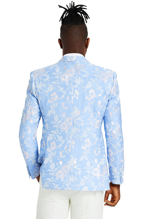Men's slim fit sky blue & silver paisley foil print tuxedo dinner jacket for prom & wedding
