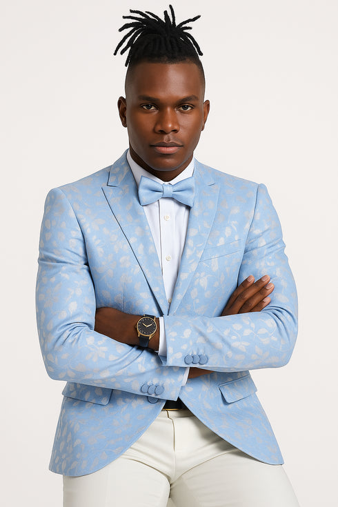 Men's slim fit sky blue & silver paisley foil print tuxedo dinner jacket for prom & wedding