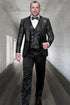 Men's black paisley lace print vested tuxedo for prom & wedding with satin lapel and bowtie