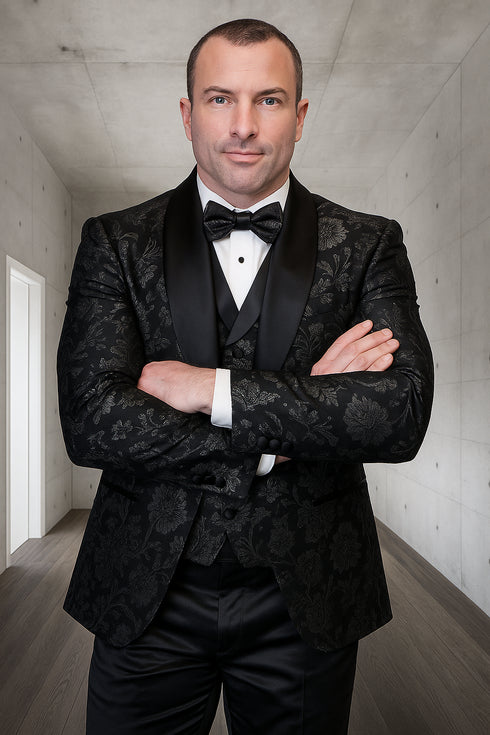 Men's black paisley lace print vested tuxedo for prom & wedding with satin lapel and bowtie