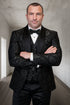 Men's black paisley lace print vested tuxedo for prom & wedding with satin lapel and bowtie