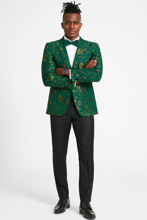 Men's slim fit hunter green and gold paisley prom and wedding tuxedo jacket