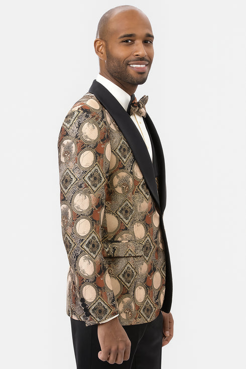 Men's Rust Geometric Pattern Tuxedo with Vest & Bowtie – One Button Formal Suit
