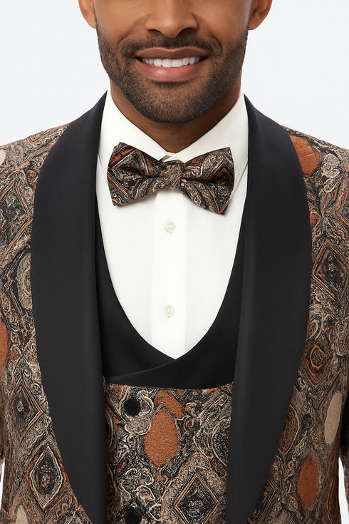 Men's Rust Geometric Pattern Tuxedo with Vest & Bowtie – One Button Formal Suit