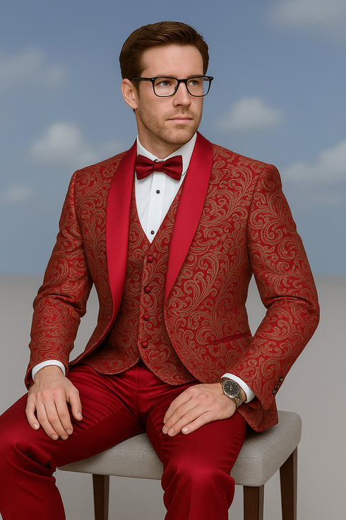 Men’s Red Paisley Brocade Prom Tuxedo with Vested Double Breasted Suit – Wedding Ready