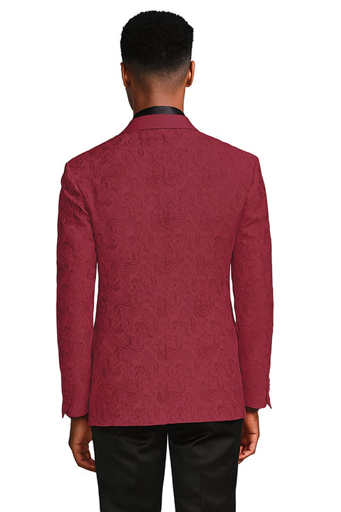 Burgundy paisley slim fit tuxedo jacket – men's wedding & prom blazer with satin shawl lapel