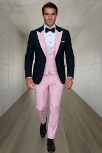 Men’s Black and Pink Wool Tuxedo – Designer Vested Tuxedo with Contrast Satin Peak Lapel for Wedding & Prom