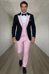 Men’s Black and Pink Wool Tuxedo – Designer Vested Tuxedo with Contrast Satin Peak Lapel for Wedding & Prom