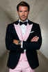 Men’s Black and Pink Wool Tuxedo – Designer Vested Tuxedo with Contrast Satin Peak Lapel for Wedding & Prom