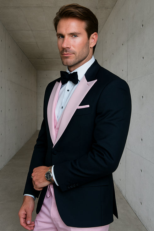 Men’s Black and Pink Wool Tuxedo – Designer Vested Tuxedo with Contrast Satin Peak Lapel for Wedding & Prom
