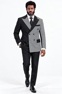 Mens Houndstooth Glen Plaid Double Breasted Two-Toned 100% Wool Side Vented Modern Fit Suit in Black