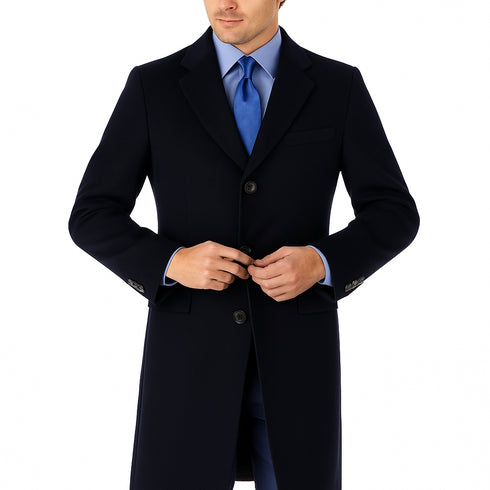 Pure Wool Full-Length Men’s Navy Overcoat – Classic Winter Dress Coat