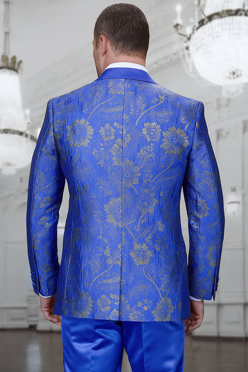 Men's royal blue paisley lace print tuxedo with double breasted vest – prom & wedding suit
