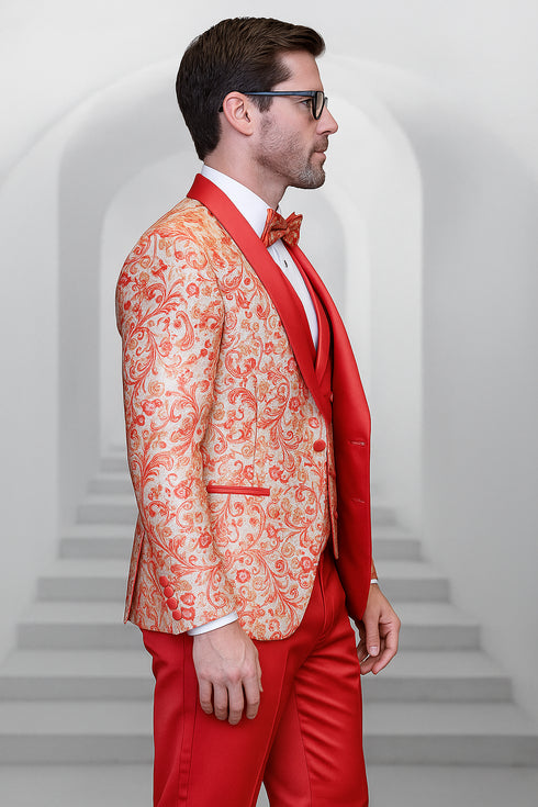 Coral Orange Men's Shiny Paisley Wedding Tuxedo with Double Breasted Vest & Satin Pants