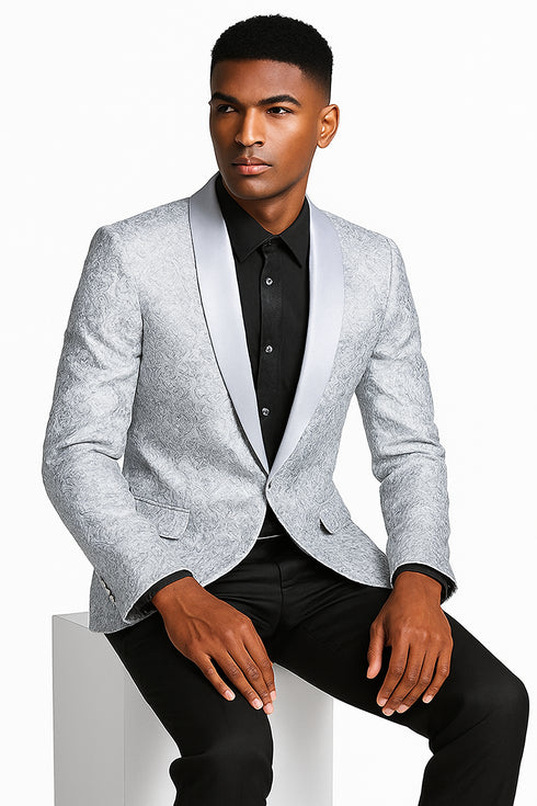 Men’s Silver Grey Tonal Paisley Tuxedo Jacket – Slim Fit Wedding & Prom Blazer