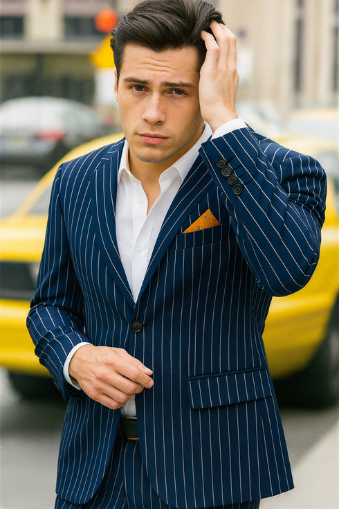 Men's Navy And Bold White Pinstripe Designer Fashion Blazer