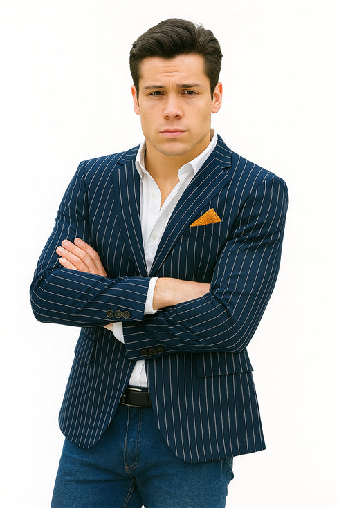 Men's Navy And Bold White Pinstripe Designer Fashion Blazer