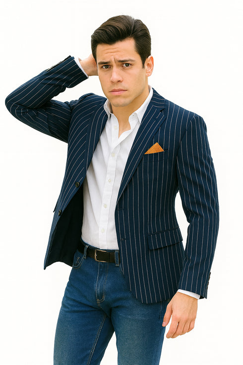 Men's Navy And Bold White Pinstripe Designer Fashion Blazer