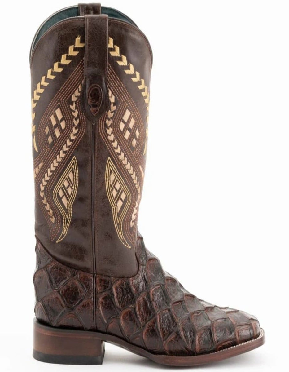 Ferrini Bronco Men's Print Pirarucu Fish Boots Handcrafted Cognac