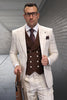 Men's Designer Wool Vested Windowpane Peak Lapel Suit in Tan