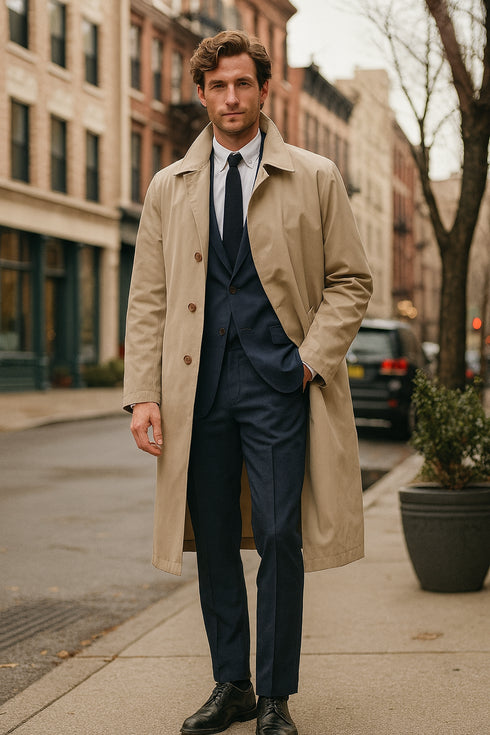 Mens Beige Trench Coat – Classic Long Overcoat with Button Front - Raincoat in Khaki Color