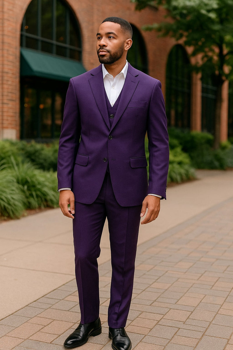 Mens Classic Three-Piece Purple Suit Formal Slim Fit Tuxedo Set with Vest Mens Classic Three-Piece Purple Suit Formal Slim Fit Tuxedo Set with Vest
