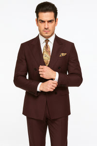 Double Breasted Suits - Vested Suits Wool Fabric - Apolo King Brand - Solid Brown Suit