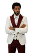 Hilton White and Burgundy Paisley Peak Lapel Tuxedo Jacket with Matching Shawl Vest and Wool Pants – Includes Bow Tie