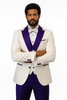 Hilton White and Purple Paisley Peak Lapel Tuxedo Jacket with Matching Shawl Vest and Wool Pants – Includes Bow Tie