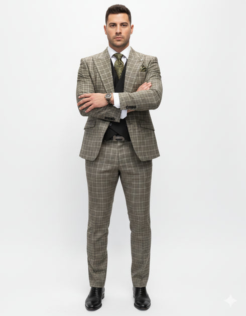 Statement Suits - Wool Suits - Peak Lapel Suits - Ticket Pocket - Modern Fit - Olive Suit