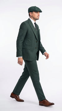 Thomas Shelby Peaky Blinders Green Pinstripe 3-Piece Wool Suit – Vintage 1920s Gangster Wedding Suit for Men