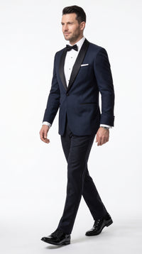 Men’s Daniel Craig James Bond Navy Blue Tuxedo Costume, 007 Inspired Black Satin Shawl Lapel Formal Wedding Suit