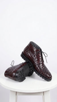 Los Altos Men’s Black Cherry Caiman Belly Boots, Lug Sole Exotic Lace-Up Ankle Boots