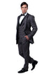 Mens Gray Tuxedo - Grey Wedding Suit-Mens One Button Satin Trimmed Peak Lapel Vested Fancy Tuxedo In Charcoal Grey