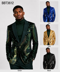 Men's green sequin blazer with fan pattern; available in green, blue, gold and black