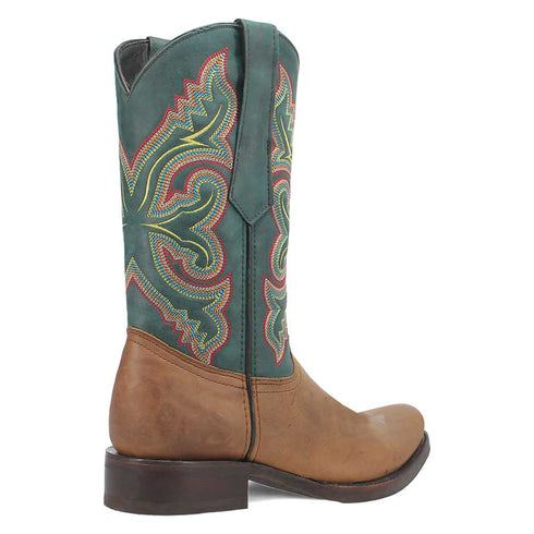 Dingo Tan and Green Snoot Toe Leather Western Boots