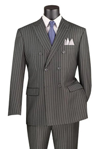 Rockefeller Collection - Double Breasted Stripe Suit Charcoal Regular Fit 2 Piece With Flexible Elastic Waistband