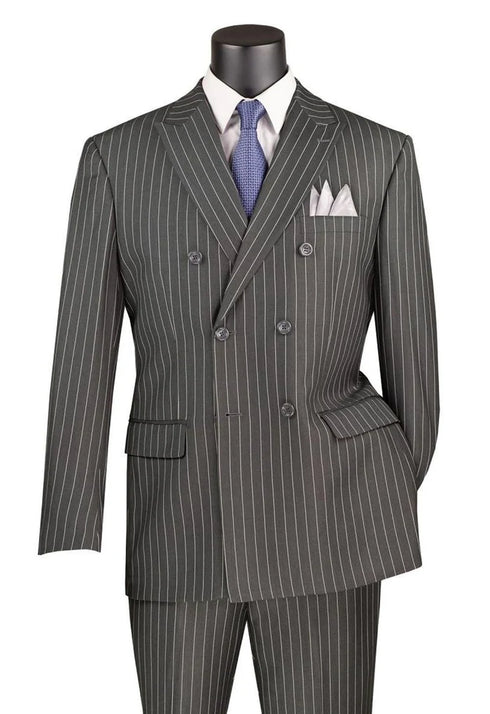 Rockefeller Collection - Double Breasted Stripe Suit Charcoal Regular Fit 2 Piece With Flexible Elastic Waistband