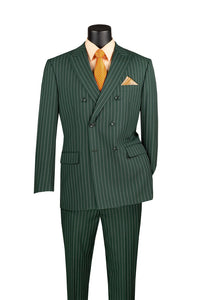 Rockefeller Collection - Double Breasted Stripe Suit Hunter Green Regular Fit 2 Piece With Flexible Elastic Waistband
