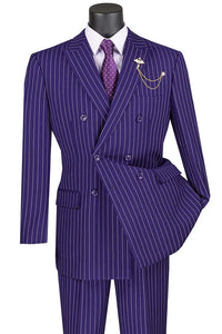 Rockefeller Collection - Double Breasted Stripe Suit Purple Regular Fit 2 Piece With Flexible Elastic Waistband
